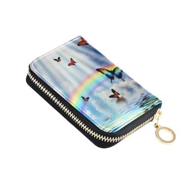 Imagem de Carteira feminina arco-íris borboleta sol mar com zíper ao redor do porta-cartão de crédito bloqueio RFID bolsa de moedas de couro com zíper