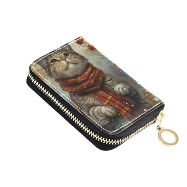 Imagem de Carteira pequena feminina com protetor de cartão de crédito com bloqueio de RFID, zíper ao redor com chaveiro, gato engraçado, folha de outono