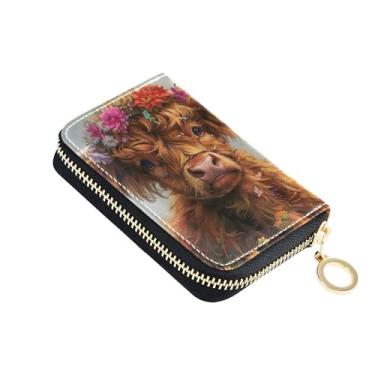 Imagem de Carteiras femininas florais de vaca Highland com protetor de cartão de crédito com bloqueio de RFID com zíper e bolso para moedas