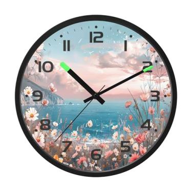 Imagem de SEHANY Herb Wildflower Relógio de parede silencioso sem tique-taque relógio redondo operado por bateria 30 cm controle de som luz noturna relógios de parede para sala de estar, cozinha, quarto