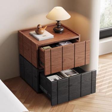 Imagem de Mesa de cabeceira de madeira maciça com 2 gavetas, mesa de cabeceira moderna de meados do século, armário de cômoda de madeira, mesa de canto rústica para sofá, mesas laterais minimalistas para quarto