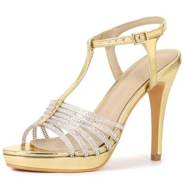 Imagem de Perphy Sandálias femininas com salto agulha e tiras de strass, Dourado, 35