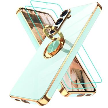 Imagem de Gritup Capa para Samsung Galaxy S25 FE | 2 peças protetoras de tela | Suporte magnético de rotação de 360°, capa protetora à prova de choque de TPU macio com borda dourada banhada a ouro para S25 FE