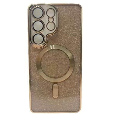 Imagem de DagoRoo Capa magnética para S26 Ultra + 2 películas protetoras de tela, borda dourada banhada de luxo [cartão de glitter e alça de pulso] Capa fina e macia de TPU (poliuretano termoplástico