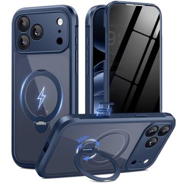 Imagem de BERFY Capa para iPhone 17 Pro Max, compatível com MagSafe, protetor de tela de privacidade integrado e suporte magnético giratório 360, capa de telefone transparente à prova de choque para 17 Pro Max