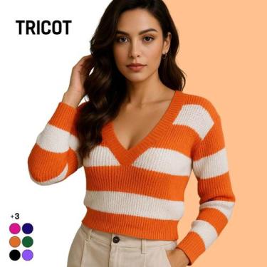 Imagem de Blusa Feminina Tricot Manga Longa Gola V Listrada Casual - Vitrine Col