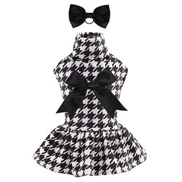 Imagem de CuteBone Vestido de cachorro Houndstooth de veludo com gola rolê saia de cachorro traje para animais de estimação roupas de gato com laço de cabelo corda presente de aniversário CVD04M