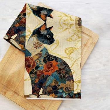 Imagem de Toalhas de cozinha vintage para gatos, panos de prato de flores coloridas para lavar pratos de cozinha, toalha de mão para casa de banho, toalha de chá decorativa de microfibra macia, presentes para