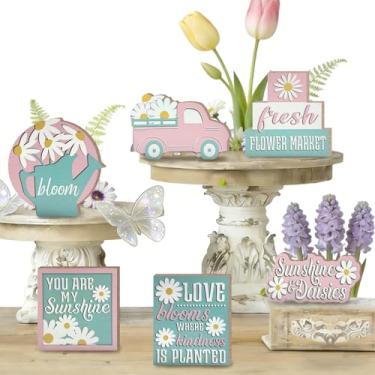 Imagem de Uruney Conjunto de 6 peças de decoração de bandeja em camadas de primavera, decorações de madeira de margarida rosa azul e azul, regador de caminhão floral, placas decorativas de madeira, margaridas