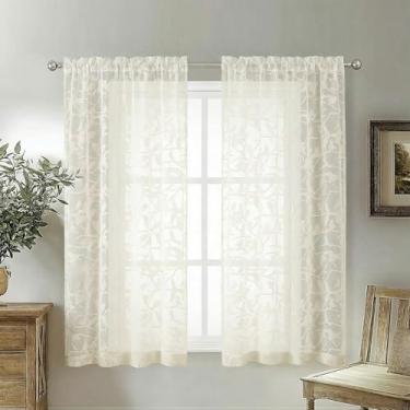 Imagem de OVZME Conjunto de 2 painéis de cortinas transparentes pequenas marfim de 113 cm de comprimento, cortinas de café arejadas macias e arejadas, design de bolso de haste dupla, cortinas de janela de casa