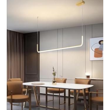 Imagem de Luminária pendente LED moderna e simples em formato de U, com altura ajustável, 120 cm, dimerizável, com controle remoto, ideal para sala de jantar, escritório e bar (Dourada, A120)