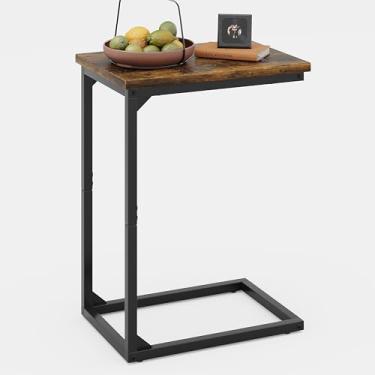 Imagem de Mesa de canto em forma de C, mesa C para sofá, pequena mesa de sofá com moldura de metal para sala de estar, quarto, marrom rústico e preto