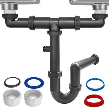 Imagem de Kit de tubo de drenagem de pia dupla de 3,5 cm com P-Trap, tomada de parede, substituição completa de encanamento para pias de cozinha duplas