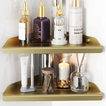 Imagem de Ecowillon Prateleiras de chuveiro de canto, doces de chuveiro dourados triangulares de 2 camadas, prateleira de canto de aço inoxidável 304 não enferruja, prateleiras montadas na parede sem perfuração