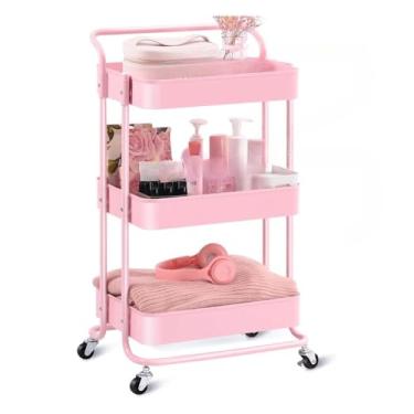 Imagem de Carrinho Organizador Multiuso com 3 Prateleiras | Carrinho de Aço com Rodas para Cozinha Salão Estética(Rosa)