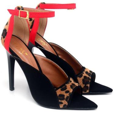 Imagem de Sandália Bico Folha Salto Alto em Couro Preto/Onça Ella's, 35, Feminin