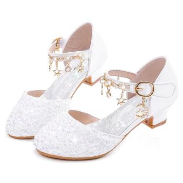 Imagem de Furdeour Sapatos sociais para meninas, princesa, cristal, salto alto, bico fechado, festa, casamento, flores, meninas, crianças, crianças pequenas e grandes, Equins brancos, 11 Little Kid