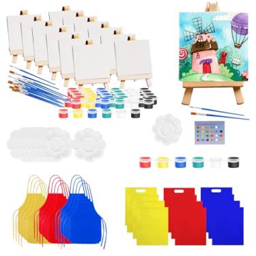 Imagem de NNHOM Conjunto de mini tela e cavalete para pintura, kit completo de tela pequena de 96 peças, com 12 conjuntos de tela de arte/cavaletes de madeira/tintas aquarela/bolsas/aventais, para cri