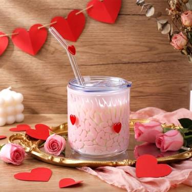 Imagem de Patelai 1 pç Copos de copos de ícone de coração vermelho com tampas e canudos 425 g reutilizáveis copos de vidro de café gelado copo de natal bonito copo de natal presentes de dia dos namorados para