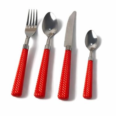 Imagem de Conjunto de Talheres 24 Peças em Aço Inox com Cabo Plástico Texturizado - (Garfo, Faca, Colher de mesa e Colher de Sobremesa)