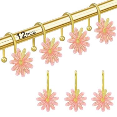 Imagem de LUMITI Ganchos de cortina de chuveiro, resistente à ferrugem bonito margarida metal decorativo anéis de chuveiro conjunto de 12 para cortinas de banheiro, roupas, toalhas (rosa dourado)