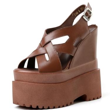 Imagem de Loonglue Sandálias gladiadoras femininas de couro genuíno com fecho cruzado com salto plataforma peep toe 240306, Marrom, 35