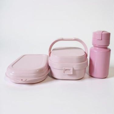 Imagem de Marmita com divisória 660ml com garrafinha pequena para lanche, pote compacto para refeições organizadas, tampa firme e fácil de transportar para uso diário (ROSA)