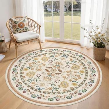 Imagem de UERMEI Tapete redondo de 1,5 m para sala de estar - 12 x 12 cm, lavável, vintage, floral, grande, macio, antiderrapante, tapete fino, tapete baixo para quarto, sala de jantar, sala de jogos
