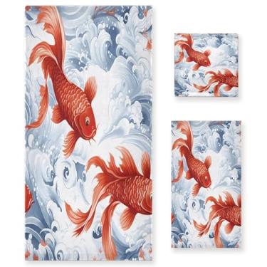 Imagem de xigua Conjunto de toalhas de banheiro com ondas de carpa absorvente macio 3 peças toalha de banho toalha de mão toalhas decorativas para banheiro, academia, hotel, praia, piscina