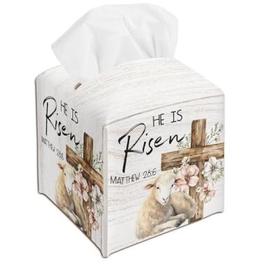 Imagem de Suporte de caixa de lenços de papel de Páscoa He is Risen - 12,7 x 12,7 cm, capa de caixa de lenços de couro religiosa, organizador decorativo para banheiro, cozinha, quarto, carro, bancada, mesa de