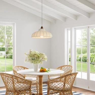 Imagem de Lustre moderno, luminária pendente branca com cúpula de tecido, altura ajustável, ideal para sala de estar, quarto, sala de jantar, corredor e hall de entrada (40 cm).