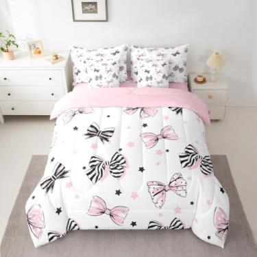 Imagem de Feelyou Conjunto de edredom com laço rosa e preto, 7 peças, tamanho casal, kawaii, para crianças, adolescentes, estilo princesa sonhadora, decoração de quarto, microfibra leve e macia
