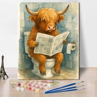 Imagem de Pintar por número para adultos - pintar por números vaca Highland, pintura engraçada de animais por números para decoração de parede de casa, ler no vaso sanitário tintas por número, kits de pintura a