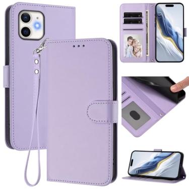 Imagem de Capa carteira para iPhone 12, capa fina de couro com compartimentos para cartões, alça de pulso e suporte, capa protetora à prova de choque para homens e mulheres (roxo claro)