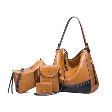 Imagem de myfriday Conjunto de 4 bolsas de ombro grandes Hobo para mulheres, bolsa de mão de couro sintético com bolsas transversais modernas e bolsa pequena para cartão, Marrom
