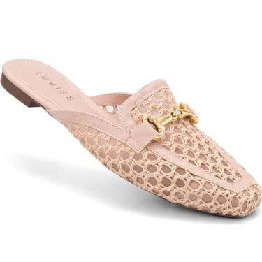 Imagem de Mule Feminino Lumiss Material Natural Tela Bico Quadrado Confortável Enfeite Dourado nude37