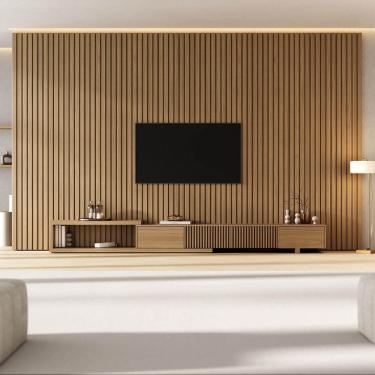 Imagem de Rack Extensível Ripado C/ Painel Ripado P/ Tv 86 Polegadas 400x230cm Aruá Cabecasa Madeiraoriginals Jatoba