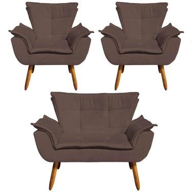 Imagem de Conjunto 2 Poltronas e 1 Namoradeira Pés Palito Charger Suede Marrom - Gran Belo