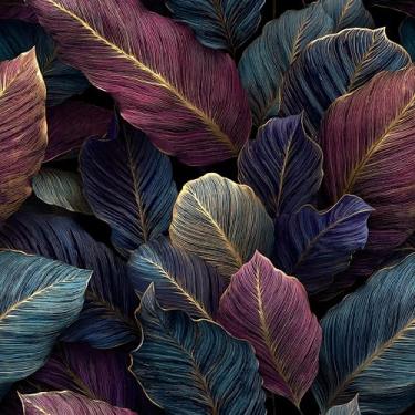 Imagem de Papel de parede tropical vintage luxuoso com folhas roxas/azul-petróleo veias douradas autoadesivo descascar e colar papel de parede botânico colorido aquarela removível à prova d'água para locatário
