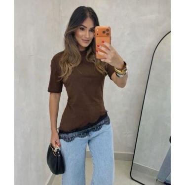 Imagem de Camiseta T-Shirt Feminina com Renda Lançamento Moda 100%Algodão - NoBr