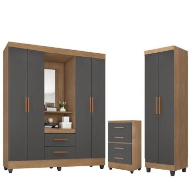 Imagem de Guarda Roupa Casal Capela Com Cômoda 4 Gavetas Armário Multiuso Lite Nature Cinza - Móveis Leão