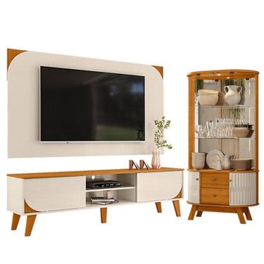 Imagem de Rack Bancada E Painel Para Tv Duna Com Cristaleira Moss Cinamomo Off White - Madetec