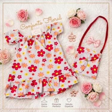 Imagem de Vestido Infantil Floral Verão Com Bolsinha Conjunto Menina Creme - Sap