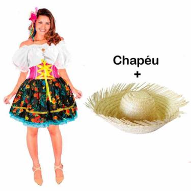 Imagem de Vestido Caipira Feminino Adulto Festa Junina de Luxo + Chapéu - Fantas