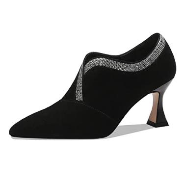 Imagem de TinaCus Sapato feminino bico fino de camurça macia de couro stiletto salto médio feito à mão, Preto, 8.5