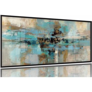 Imagem de Quadro Abstrato Moderno Sala Escritório Tons Turquesa quarto 130x60 Moldura Preta 2x2