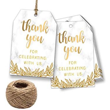 Imagem de Etiquetas de agradecimento com 100 peças, padrão de mármore, etiquetas de presente de agradecimento com barbante de juta natural de 30 metros para casamento, aniversário, lembrancinhas de festa de chá