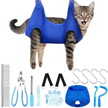 Imagem de Arnês de rede 14 em 1 com bolsa de retenção de rede para pendurar, focinheira de gato de tamanho grande, cortador de unhas, lixa de unhas, pente, ferramentas auxiliares de cuidados com cães para aparar unhas