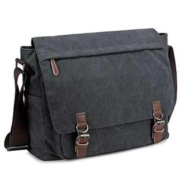 Imagem de Bolsa carteiro masculina retrô de lona bolsa de ombro bolsa casual para negócios para laptop de 13,3 15,6 polegadas, Preto, 15.6 inch