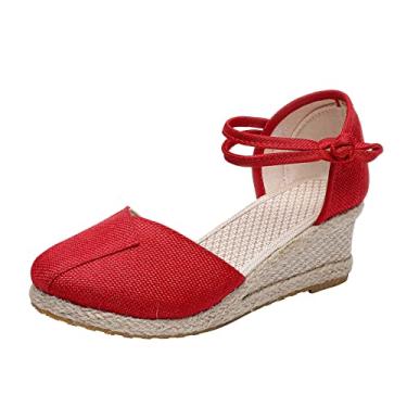 Imagem de Sandálias de plataforma de tecido de algodão para mulheres verão trançado respirável bico redondo sandálias confortáveis (vermelho, 36-38)